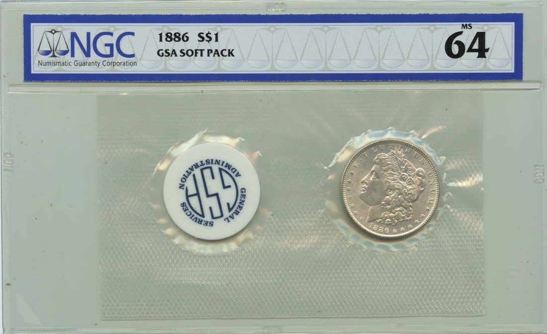 NGC MS64 1886 GSA Soft Pack Morgan Silver Dollar: NGC MS64 1886 GSA Soft Pack Morgan Silver Dollar This 1886 Morgan Dollar is presented in a GSA Soft Pack and has been certified by NGC with a grade of MS64. Struck at the Philadelphia Mint, this uncir