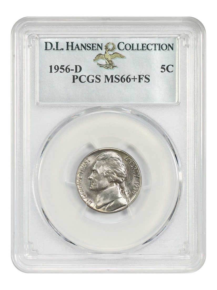 Jefferson Nickel 1956-D 5C PCGS MS66+FS ex D.L. Hansen: Jefferson Nickel 1956-D 5C PCGS MS66+FS ex D.L. Hansen 1956-D Jefferson Nickel certified by PCGS as MS66+FS. This uncirculated coin is noted for subtle album toning throughout with full mint bloom. PC