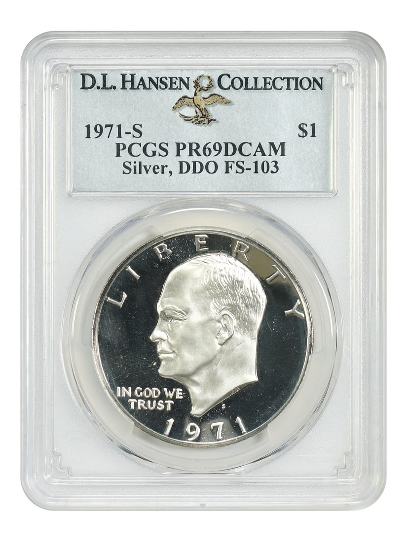 1971 S Ike Dollar PCGS PR69DCAM FS-103 DDO Silver: 1971 S Ike Dollar PCGS PR69DCAM FS-103 DDO Silver 1971-S Eisenhower Dollar certified by PCGS as PR69DCAM, identified as DDO FS-103 and noted as silver. The wide-spread doubling is easily seen on the d