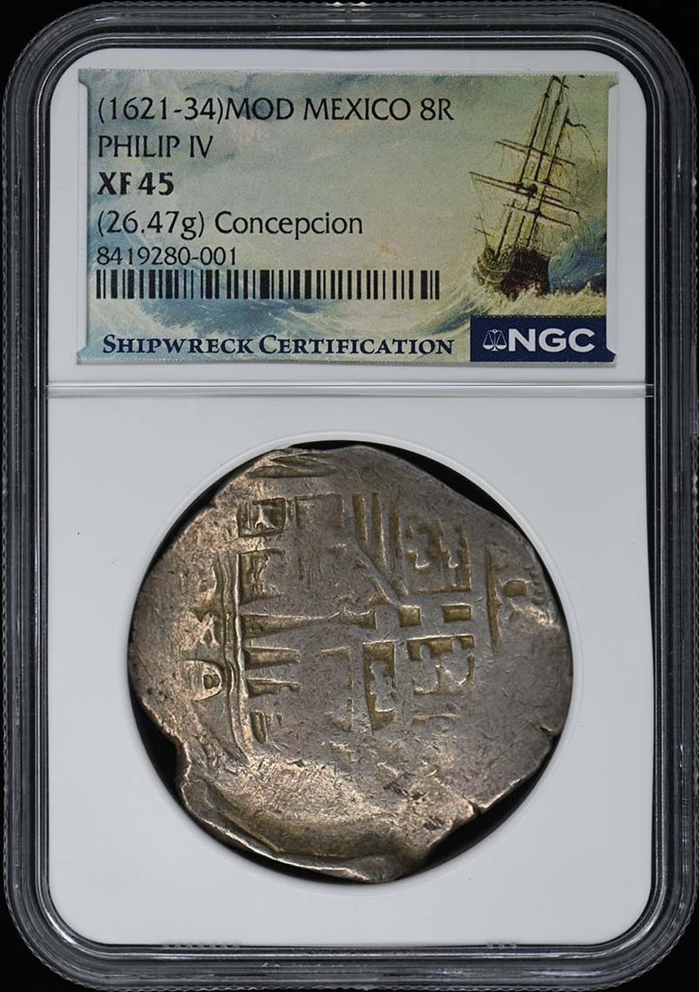 Mexico Philip IV 8R Concepcion Shipwreck NGC XF45: Mexico Philip IV 8R Concepcion Shipwreck NGC XF45 This is a circulated 8 Reales coin from Mexico, issued during the reign of Philip IV (1621-1634). The coin weighs 26.47 grams and has been certified b