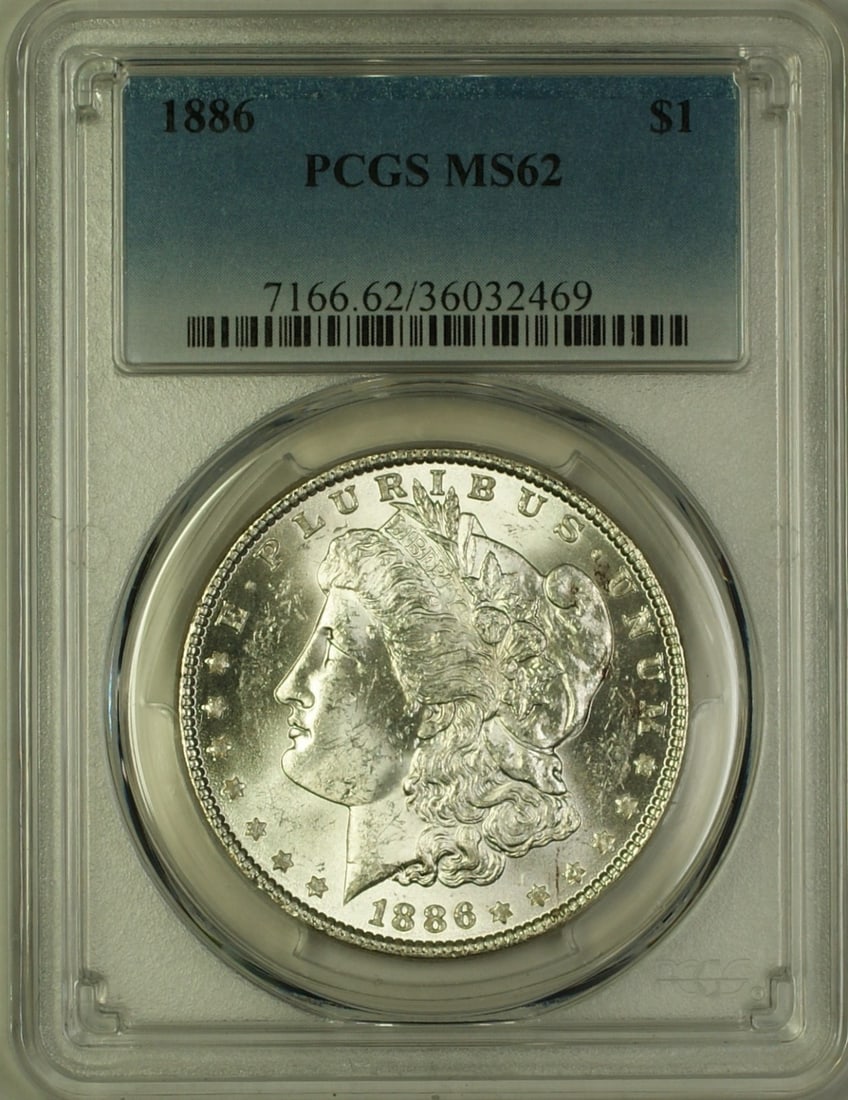 PCGS MS62 1886 Philadelphia Morgan Dollar Silver $1 Coin: PCGS MS62 1886 Philadelphia Morgan Dollar Silver $1 Coin This 1886 Morgan Silver Dollar is a $1 coin from the United States, minted in Philadelphia. Graded MS-62 by PCGS, it is composed of silver and 