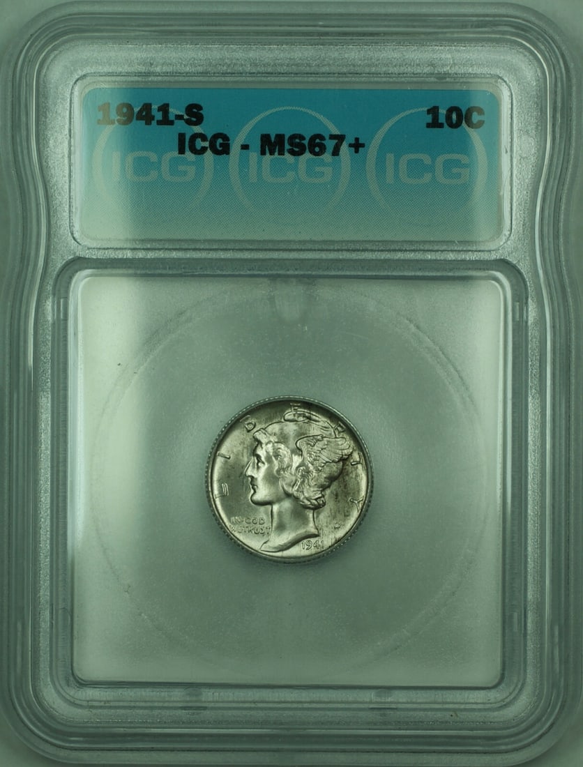 ICG MS-67+ 1941-S Mercury 10c Silver Dime: ICG MS-67+ 1941-S Mercury 10c Silver Dime This is a 1941 Mercury Silver Dime with a denomination of 10 cents, minted in the United States. The coin is composed of 90% silver and is graded MS-67+ by IC
