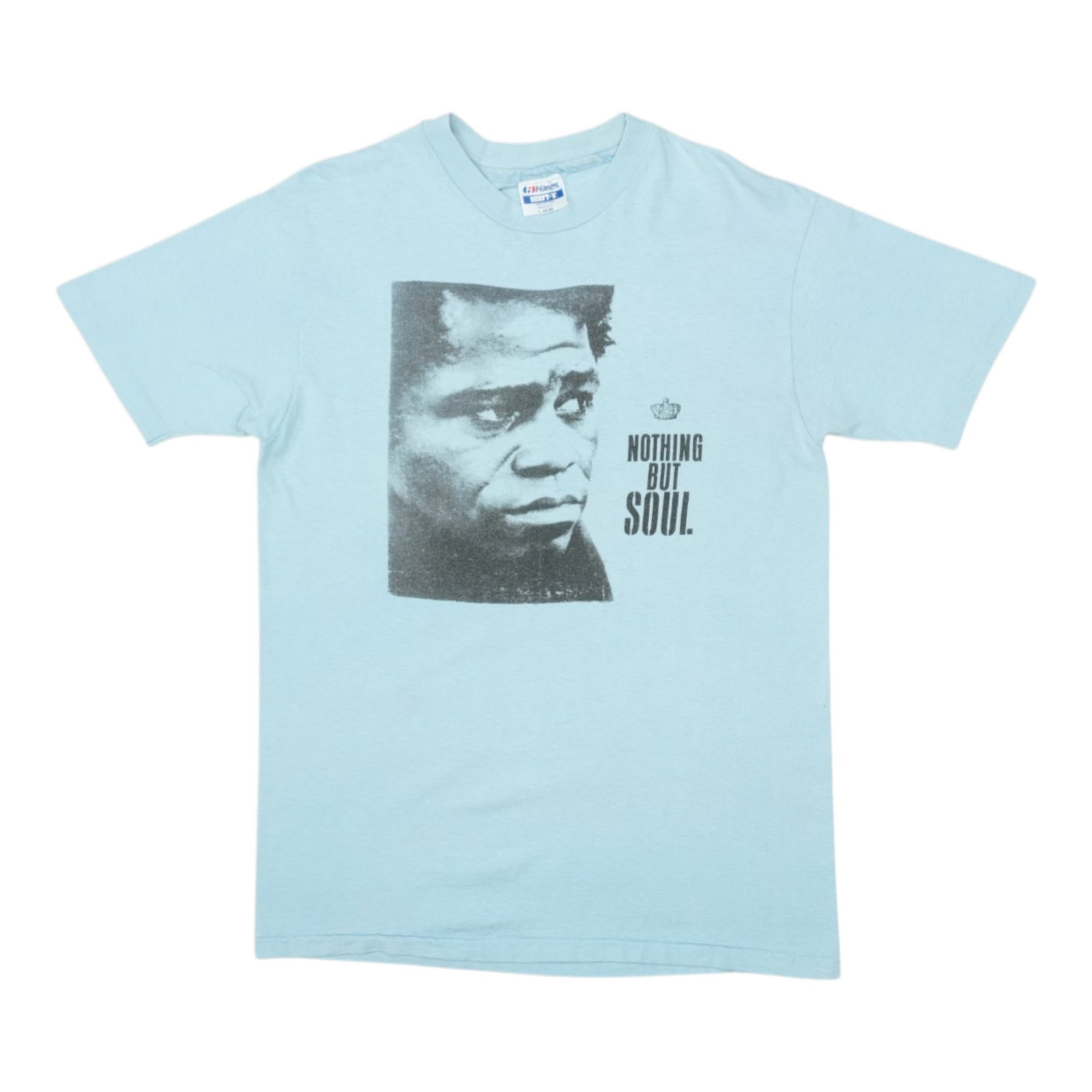 Vintage 1980s Blue Cotton James Brown Nothing But Soul Shirt Large: Vintage 1980s Blue Cotton James Brown Nothing But Soul Shirt Large This is an original vintage 1980s James Brown "Nothing But Soul" shirt featuring front and back graphics. Made from 100% cotton, the 