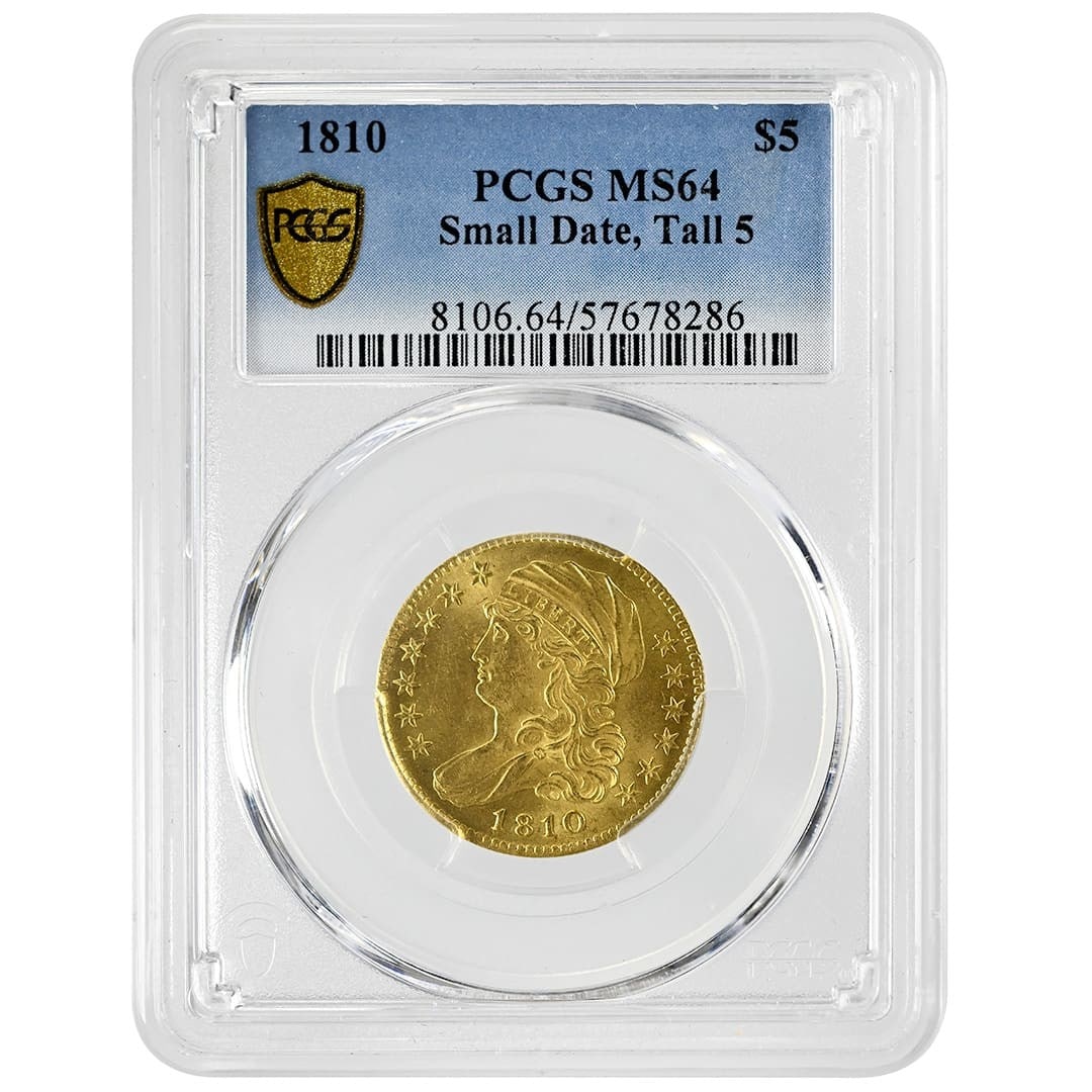 PCGS MS64 1810 United States $5 Gold Capped Bust Small Date Tall 5: PCGS MS64 1810 United States $5 Gold Capped Bust Small Date Tall 5 1810 $5 Capped Bust Small Date Tall 5 gold coin certified by PCGS and graded MS64. This Philadelphia issue is a Type 1 Capped Bust ex
