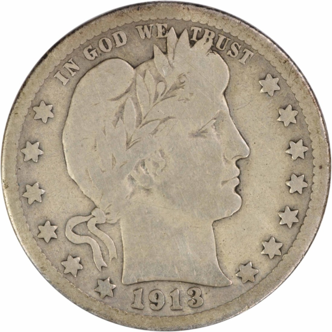 1913-S Barber 25C Silver Quarter San Francisco Uncertified VG: 1913-S Barber 25C Silver Quarter San Francisco Uncertified VG This is a 1913-S Barber Silver Quarter from the United States, designed by Charles E. Barber. The coin is in circulated condition with a V