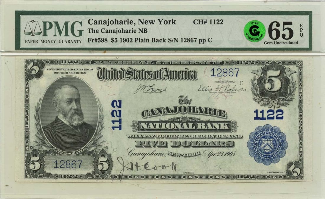 PMG 65 Graded 1902 $5 Canajoharie New York National Currency Note: PMG 65 Graded 1902 $5 Canajoharie New York National Currency Note This 1902 $5 National Bank Note from Canajoharie, New York, is graded MS65 and certified by PMG as GEM 65 EPQ. The note is uncirculate