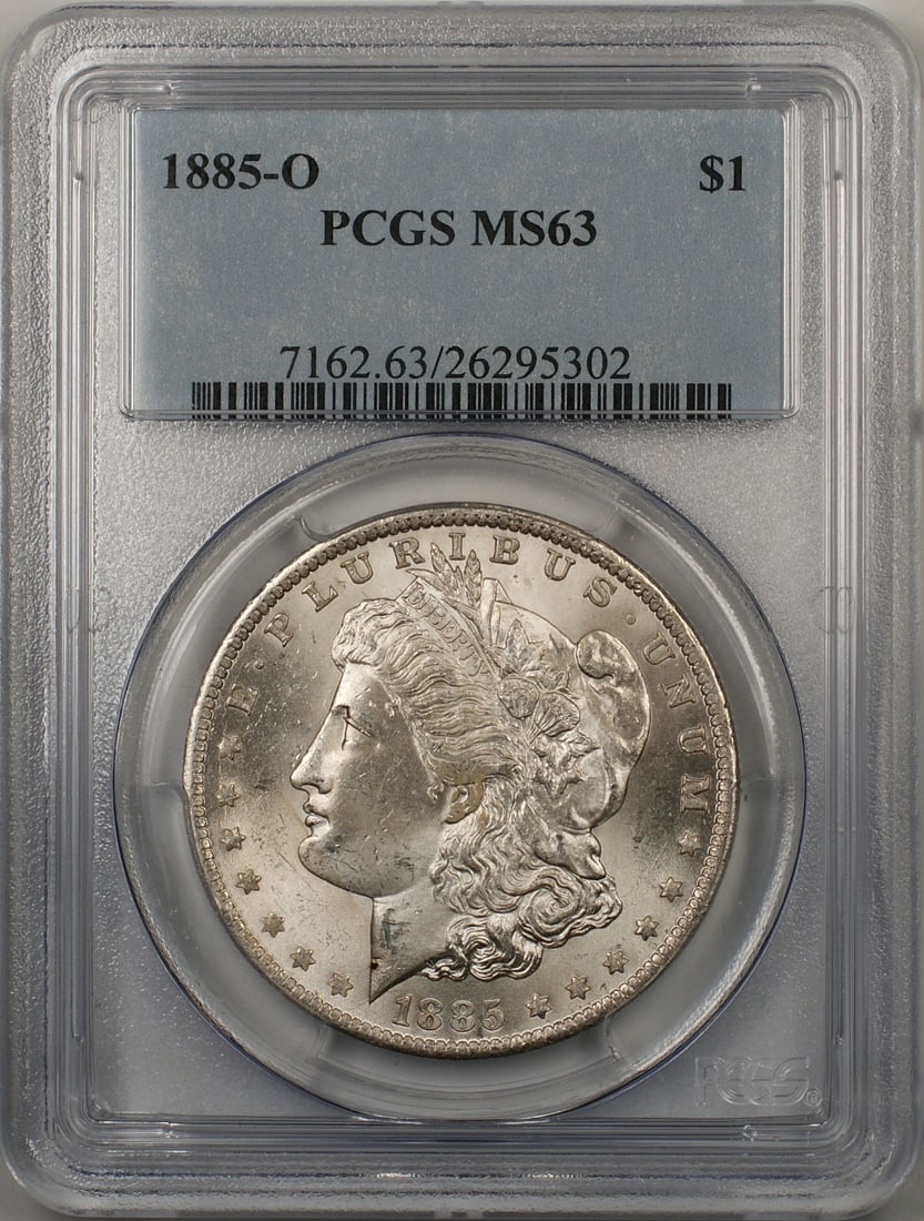 PCGS MS63 1885-O Morgan Dollar New Orleans Mint: PCGS MS63 1885-O Morgan Dollar New Orleans Mint This 1885-O Morgan Silver Dollar is an uncirculated coin graded MS 63 by PCGS. Minted in New Orleans, it features the iconic Liberty head design on the 
