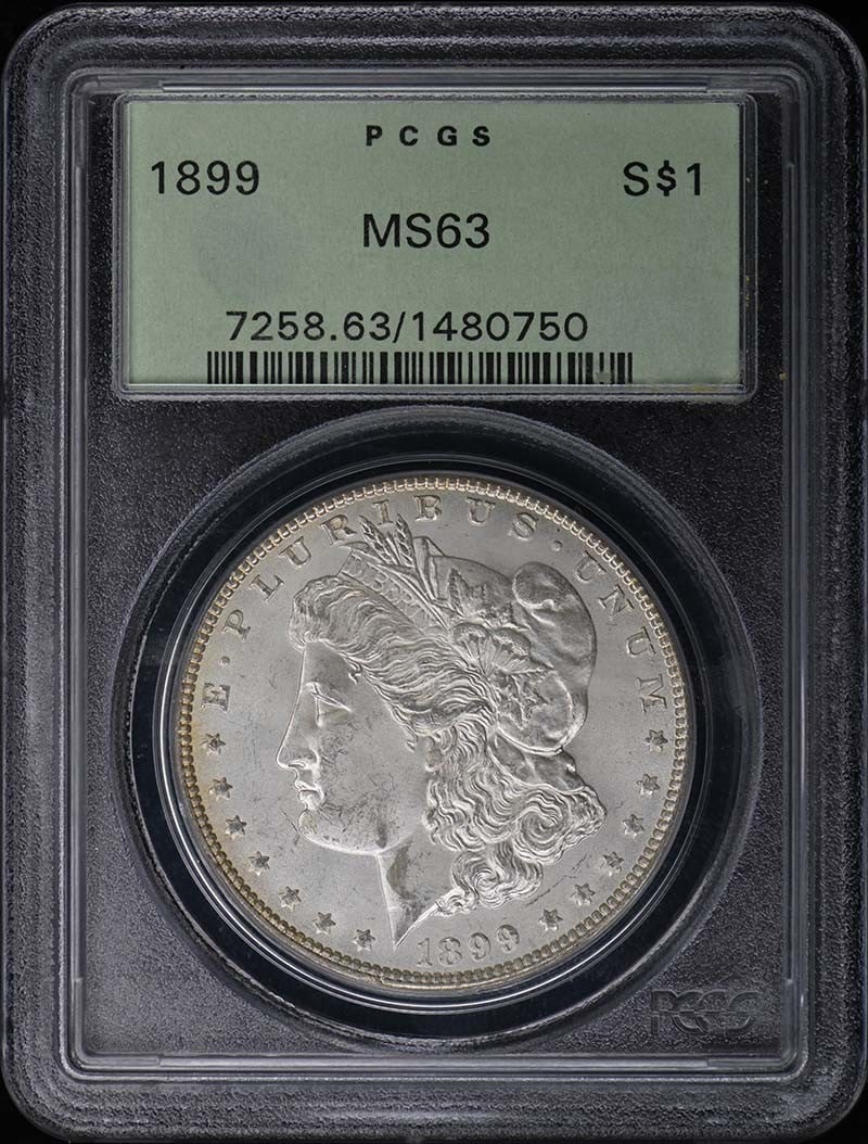 1899 Morgan Dollar PCGS MS63 Uncirculated Philadelphia Mint: 1899 Morgan Dollar PCGS MS63 Uncirculated Philadelphia Mint This 1899 Morgan Dollar is certified by PCGS with a grade of MS63, indicating it is in uncirculated condition. Struck in Philadelphia, this 