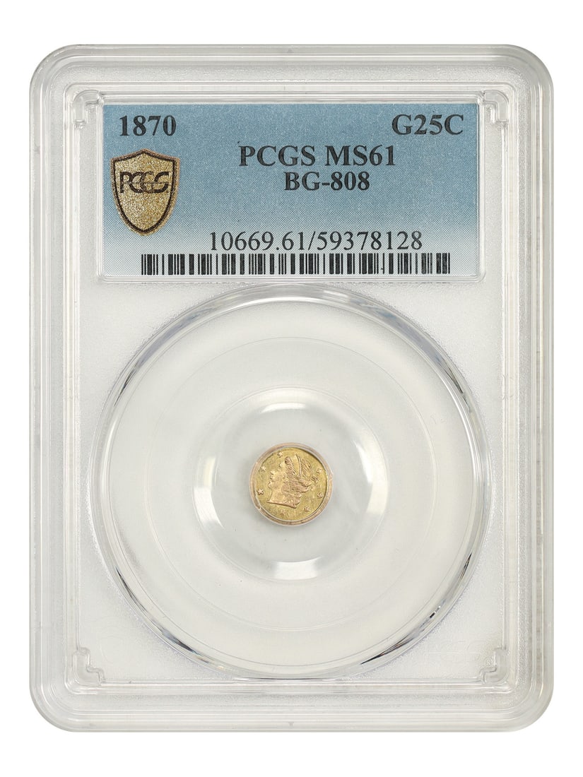 1870 California Fractional Gold 25C PCGS MS61 BG-808: 1870 California Fractional Gold 25C PCGS MS61 BG-808 1870 California Fractional Gold 25C coin certified by PCGS in MS61 grade. This pre-owned example is listed as uncirculated and identified as BG-808