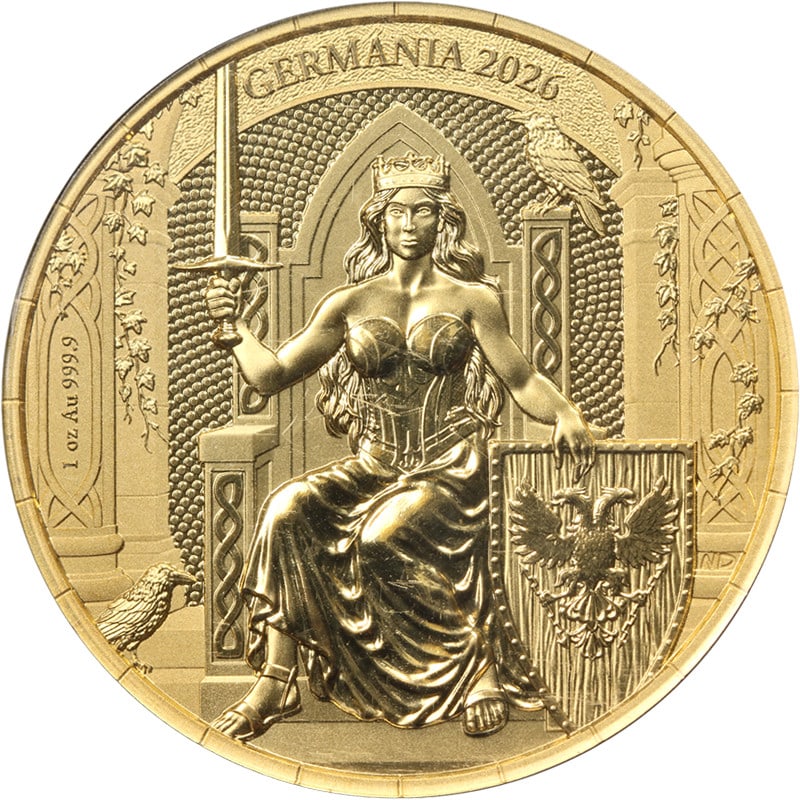 2026 Germania 1 Ounce Gold 100 Mark BU OGP: 2026 Germania 1 Ounce Gold 100 Mark BU OGP This is an original 2026 Germania 1 Ounce Gold 100 Mark Lady Germania coin in Brilliant Uncirculated (BU) condition. Featuring superb eye appeal, a strong st