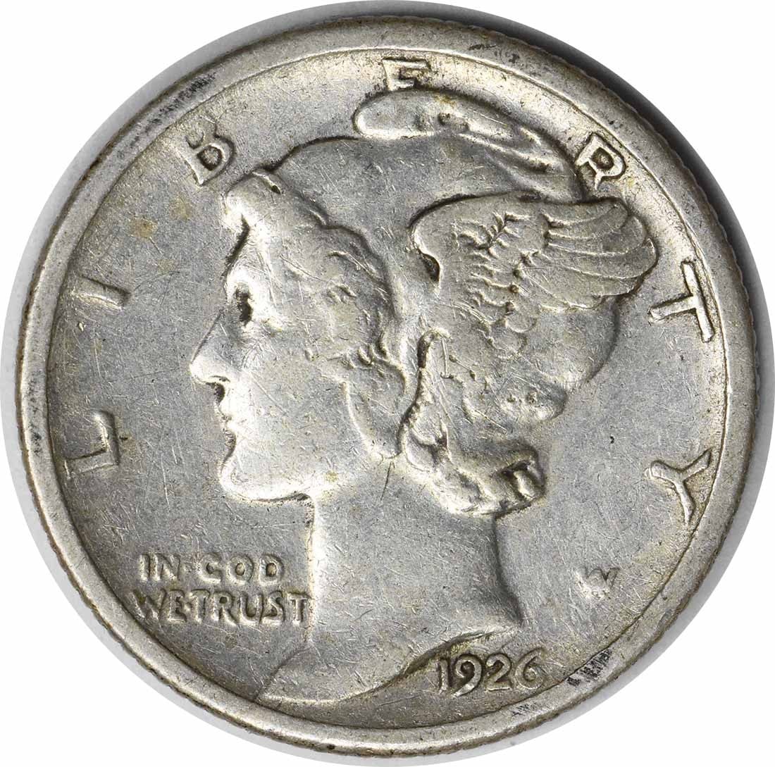 1926-S Mercury Dime 10C Silver Coin by Weinman Uncertified: 1926-S Mercury Dime 10C Silver Coin by Weinman Uncertified This 1926-S Mercury Silver Dime features a design by Adolph Alexander Weinman and is composed of 90% silver and 10% copper. This coin, with a