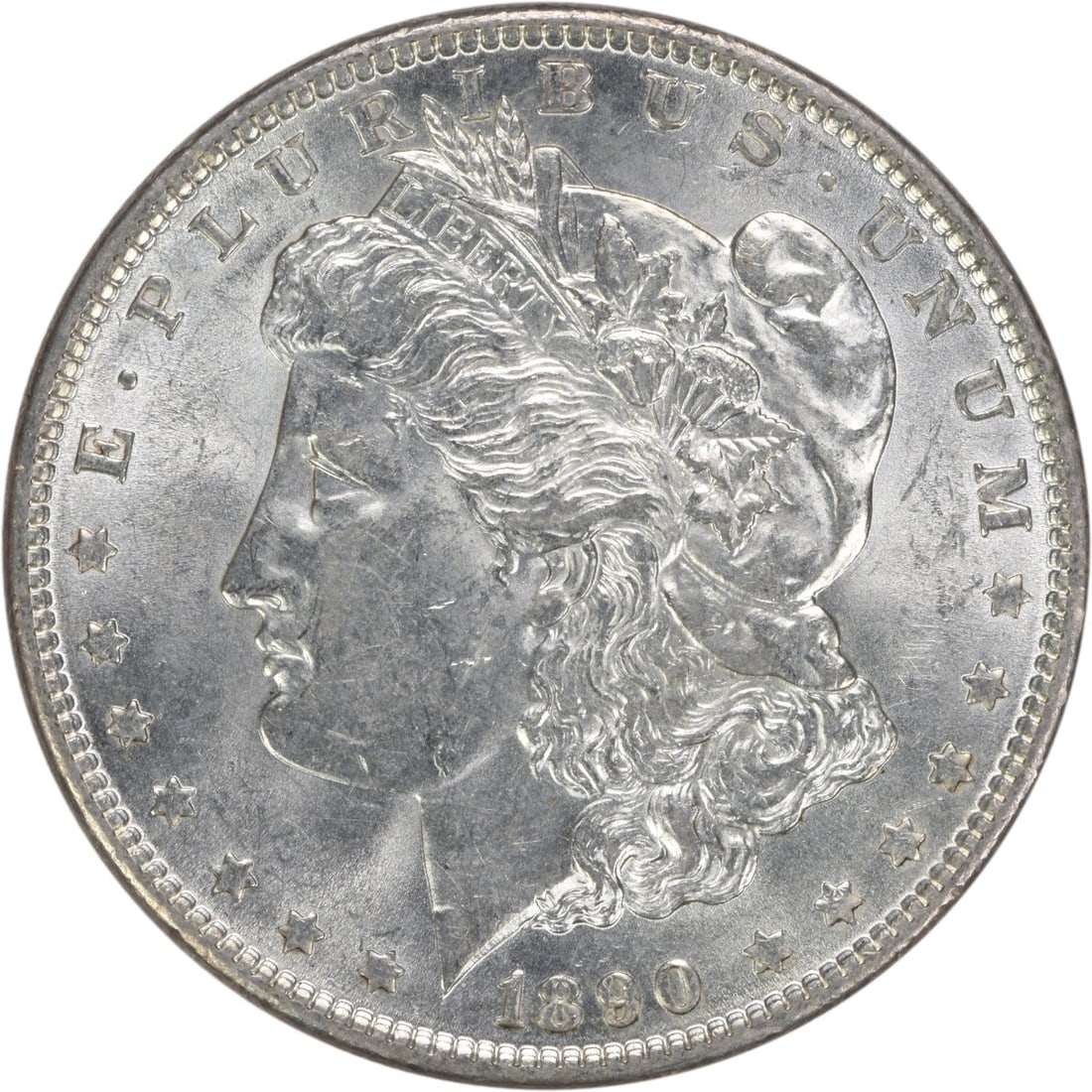 Uncirculated 1890 Silver Dollar Morgan Philadelphia Mint BU: Uncirculated 1890 Silver Dollar Morgan Philadelphia Mint BU This is an 1890 Morgan Silver Dollar featuring brilliant uncirculated (BU) condition. Struck from silver with no mint mark, this coin is unc
