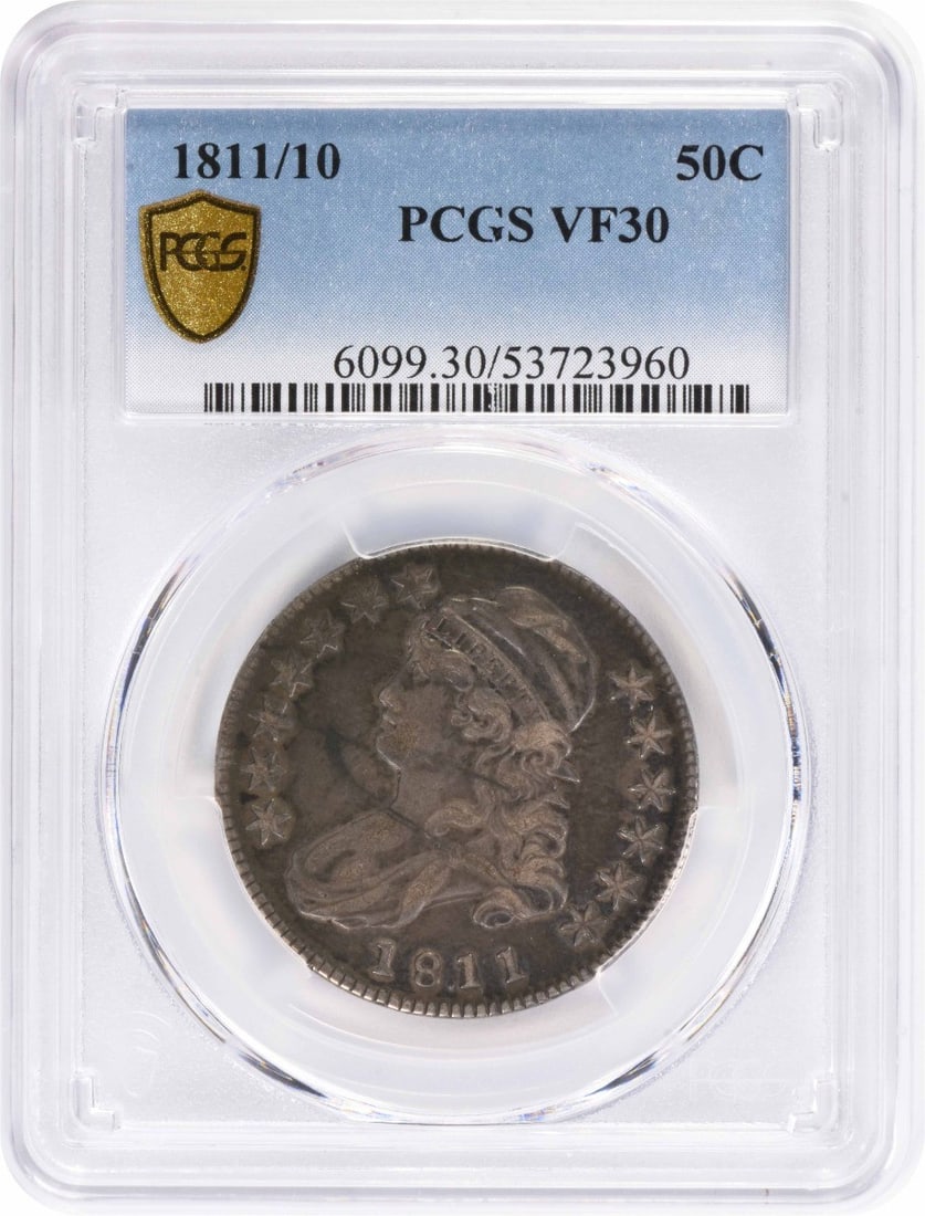 PCGS VF30 1811 Bust Half Dollar Silver 50C: PCGS VF30 1811 Bust Half Dollar Silver 50C 1811/10 Bust silver half dollar graded VF30 by PCGS. This circulated United States 50C coin is a pre-owned example with the overdate 1811/10 noted in the tit