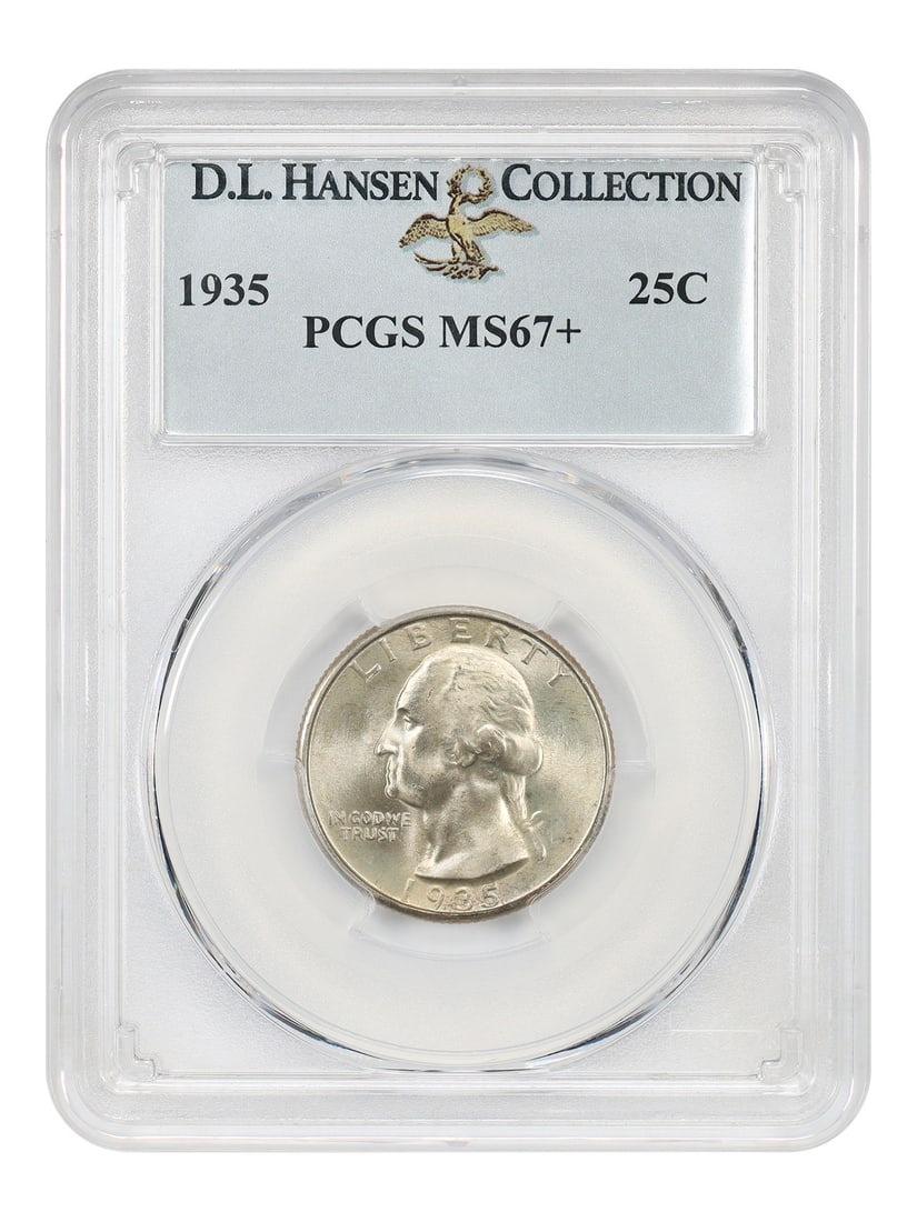 PCGS MS67+ 1935 Washington Quarter ex D.L. Hansen: PCGS MS67+ 1935 Washington Quarter ex D.L. Hansen 1935 Washington Quarter certified by PCGS as MS67+ and pedigreed ex: D.L. Hansen. This uncirculated example shows silky smooth surfaces, mint brillian