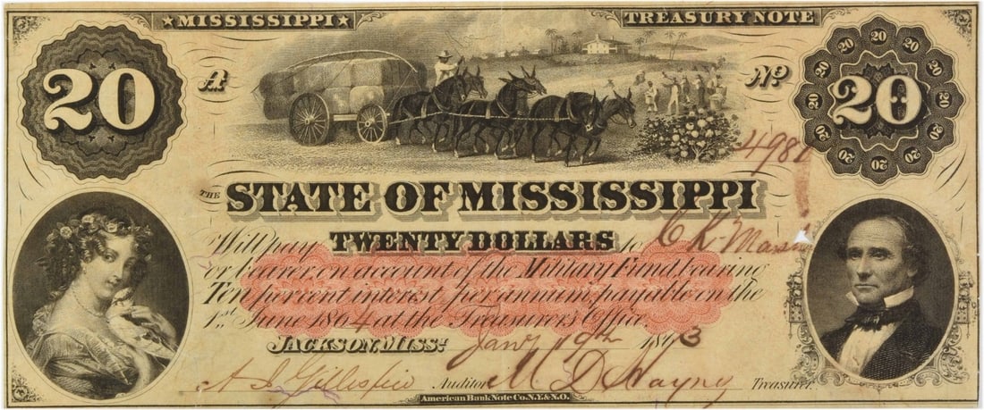 1863 Mississippi State $20 Note CR-3B EF Uncertified: 1863 Mississippi State $20 Note CR-3B EF Uncertified 1863 State of Mississippi twenty dollar note in EF grade. This uncertified, circulated example is a pre-owned collectible from the United States. S