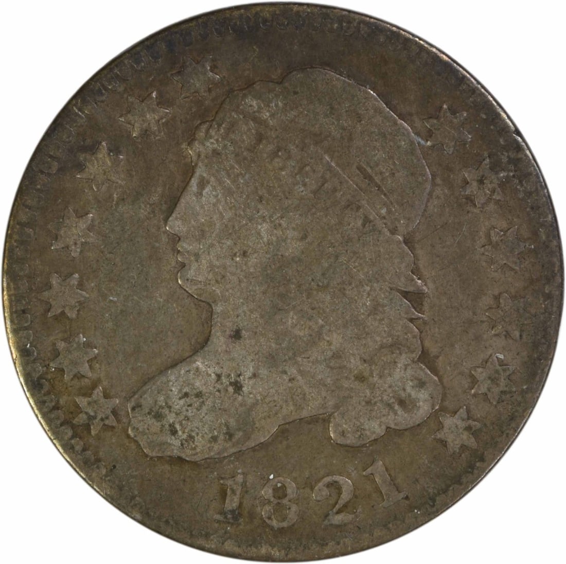 Capped Bust Dime 1821 Large Date Silver Philadelphia Uncertified: Capped Bust Dime 1821 Large Date Silver Philadelphia Uncertified This 1821 Capped Bust Silver Dime features the large date variety and was minted in Philadelphia. Designed by John Reich, the coin is c