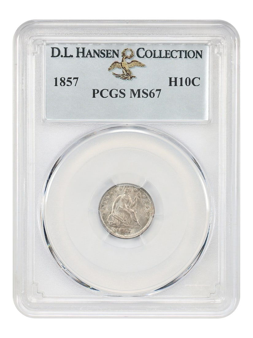 Liberty Seated Half Dime 1857 H10C PCGS MS67 ex D.L. Hansen: Liberty Seated Half Dime 1857 H10C PCGS MS67 ex D.L. Hansen 1857 Liberty Seated Half Dime certified by PCGS in MS67 and pedigreed ex: D.L. Hansen. Bright luster shines through mottled dove grey toning