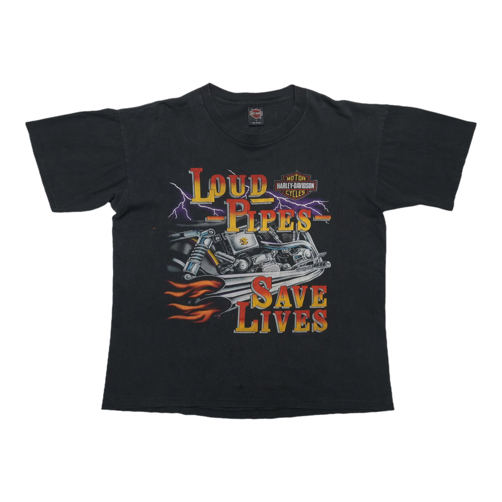 Vintage Harley Davidson 1994 Black Cotton Graphic Shirt: Vintage Harley Davidson 1994 Black Cotton Graphic Shirt This is an original vintage 1994 Harley Davidson "Loud Pipes Save Lives" shirt featuring graphics on both the front and back. The shirt is made 