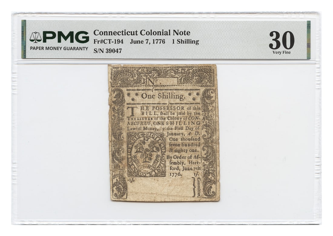 Connecticut Colonial 1 Shilling Note dated June 7 1776 PMG VF30: Connecticut Colonial 1 Shilling Note dated June 7 1776 PMG VF30 Connecticut Colonial Currency 1 Shilling note dated June 7, 1776. It is circulated and certified by PMG with a VF30 grade. Pre-owned con