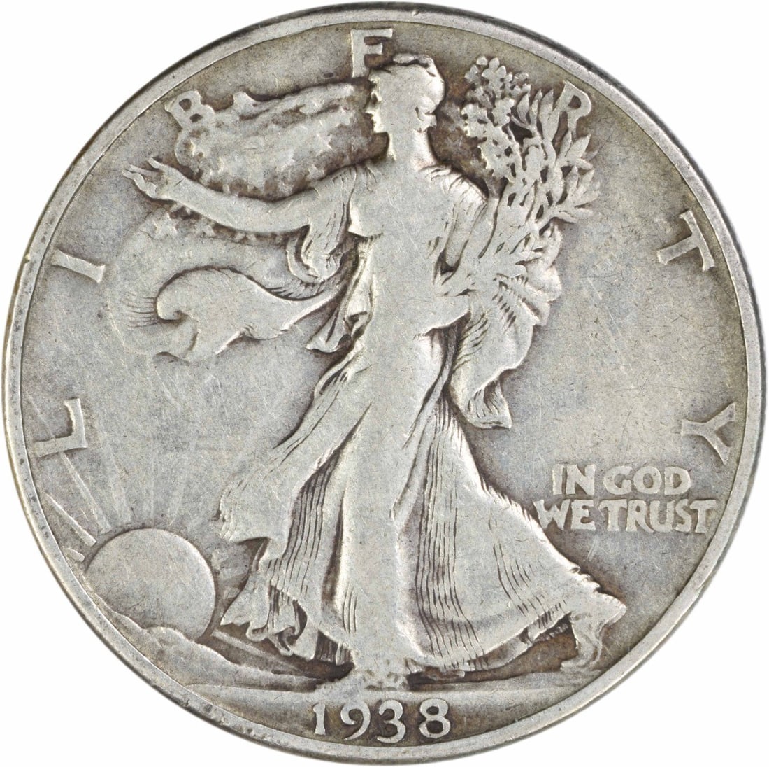 1938 D 50C Walking Liberty Half Dollar Silver F Uncertified: 1938 D 50C Walking Liberty Half Dollar Silver F Uncertified 1938-D Walking Liberty silver half dollar coin. This circulated example is uncertified and graded F, with the classic Liberty Walking design