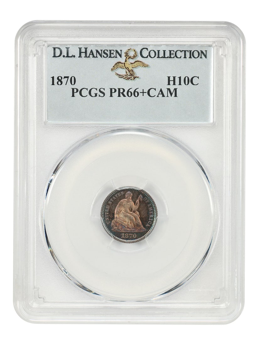PCGS PR66+CAM 1870 Liberty Seated Half Dime H10C ex D.L. Hansen: PCGS PR66+CAM 1870 Liberty Seated Half Dime H10C ex D.L. Hansen 1870 Liberty Seated Half Dime certified by PCGS as PR66+CAM. This proof issue is one of only 1,000 struck. The coin is described as nice