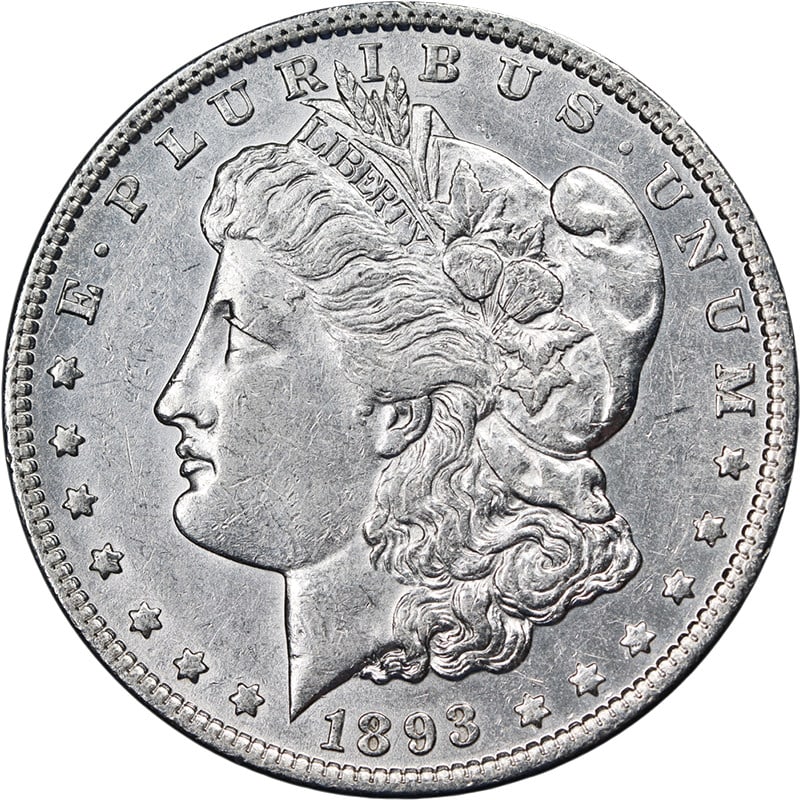 1893-P Morgan Dollar Silver Nice AU Key Date: 1893-P Morgan Dollar Silver Nice AU Key Date This 1893-P Morgan Silver Dollar features attractive eye appeal, bright white luster, and a strong strike. The coin is graded as About Uncirculated (AU) an