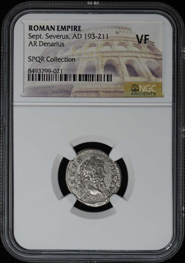 Roman Empire AR Denarius NGC Certified Septimius Severus VF20: Roman Empire AR Denarius NGC Certified Septimius Severus VF20 Roman Empire AR Denarius from the reign of Septimius Severus, AD 193-211. This ancient silver coin has been certified by NGC with a grade 