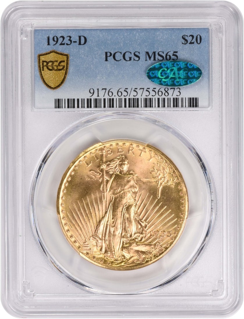 1923 Denver Saint Gaudens $20 Gold Coin MS65 PCGS CAC Certified: 1923 Denver Saint Gaudens $20 Gold Coin MS65 PCGS CAC Certified This 1923-D $20 Gold Saint-Gaudens Double Eagle is graded MS65 by PCGS and features CAC approval. Struck at the Denver Mint, this uncirc