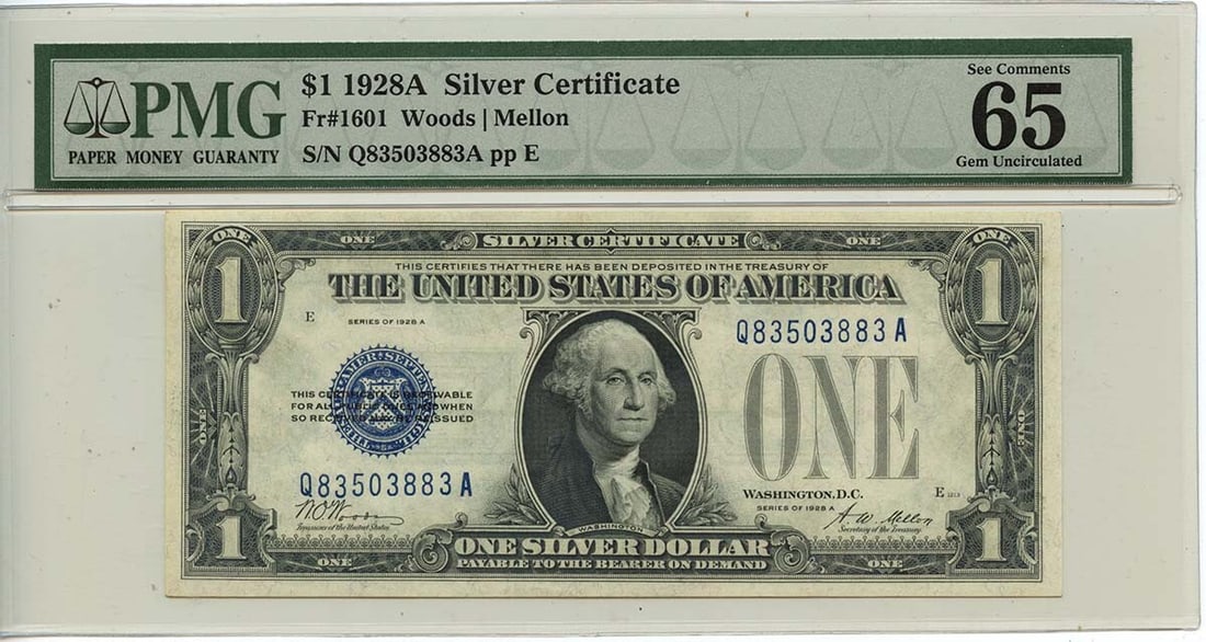 1928A $1 Silver Certificate Fr# 1601 QA Block PMG Gem65 EPQ Uncirculated: 1928A $1 Silver Certificate Fr# 1601 QA Block PMG Gem65 EPQ Uncirculated This 1928A $1 Silver Certificate, graded PMG Gem 65 EPQ, features a certification number of 1021161020. As an uncirculated note