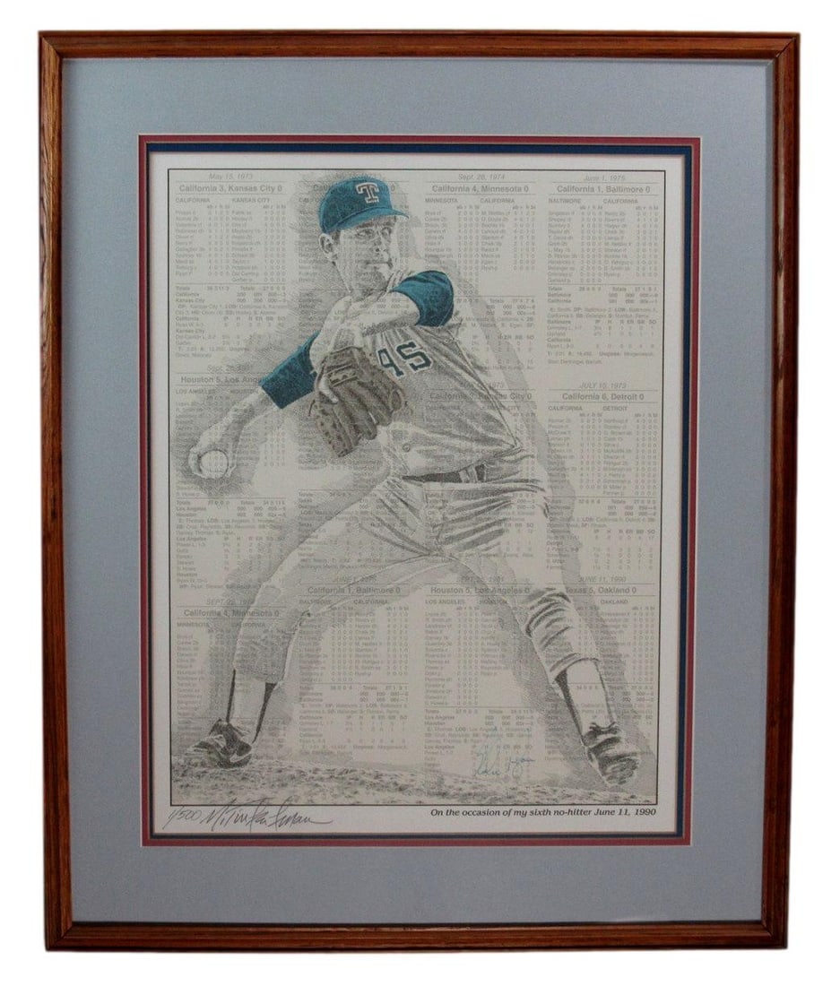 Nolan Ryan Signed 6th No Hitter Lithograph 1/500 by Murray Tinkerman: Nolan Ryan Signed 6th No Hitter Lithograph 1/500 by Murray Tinkerman Celebrate a historic moment in baseball with this limited edition Murray Tinkerman lithograph commemorating Nolan Ryan's 6th no-hit