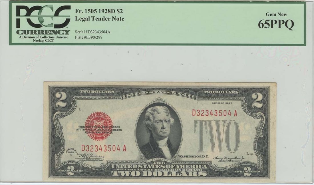 1928D $2 Legal Tender Note FR#1505 PCGS 65 Gem Uncirculated: 1928D $2 Legal Tender Note FR#1505 PCGS 65 Gem Uncirculated This 1928D $2 Legal Tender Note (FR#1505) is certified by PCGS with a grade of MS65, indicating it is in Gem Uncirculated condition. The not