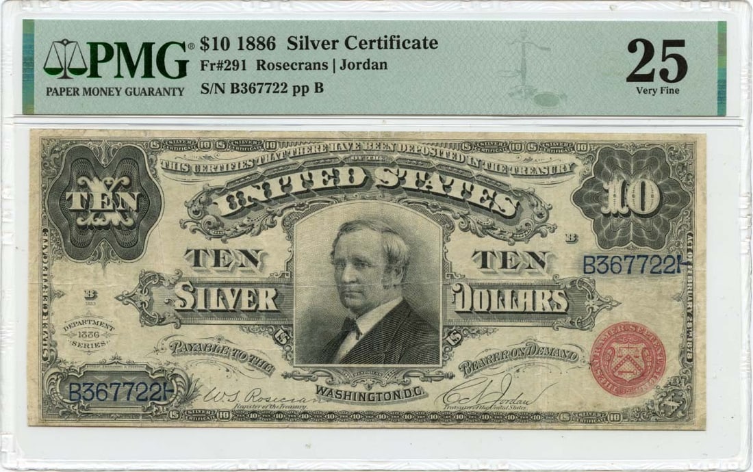 1886 $10 Silver Certificate Fr# 291 PMG VF25 Currency Collectible: 1886 $10 Silver Certificate Fr# 291 PMG VF25 Currency Collectible This is a circulated 1886 $10 Silver Certificate, designated as Fr# 291. It has been graded by PMG as VF25, indicating it is in very f