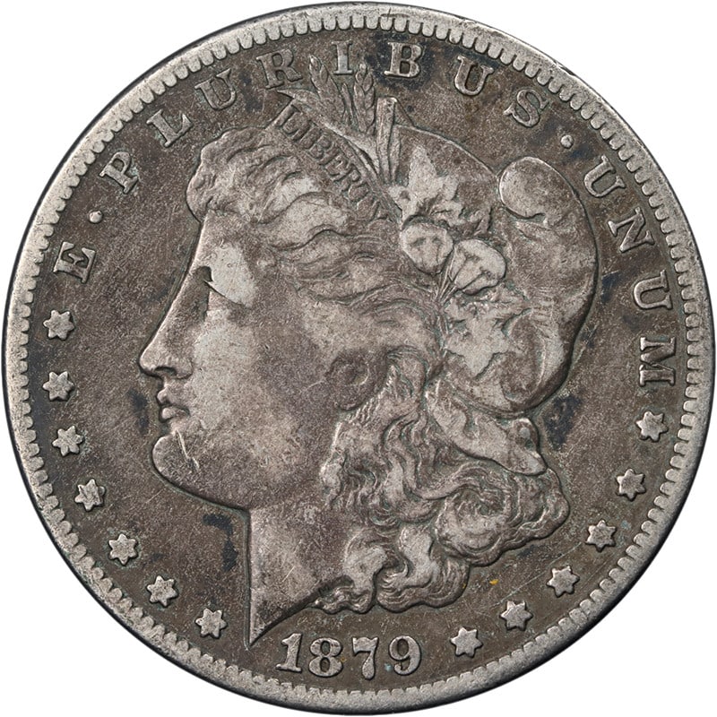 1879 Carson City Morgan Silver Dollar F VF Circulated: 1879 Carson City Morgan Silver Dollar F VF Circulated Original 1879-CC Morgan Silver Dollar with nice eye appeal, a nice strike, and attractive color and surfaces. This circulated coin is graded Nice 