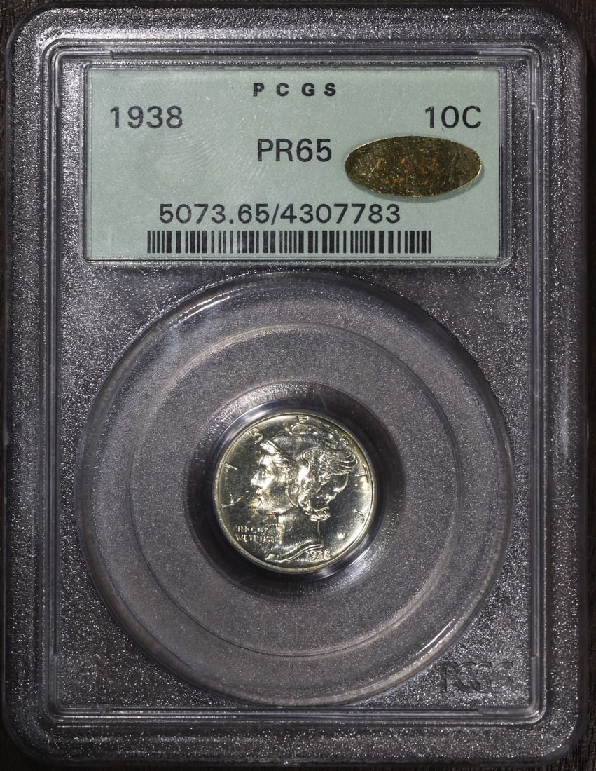 PCGS PR65 1938 Mercury Dime 10C Gold CAC OGH: PCGS PR65 1938 Mercury Dime 10C Gold CAC OGH 1938 Mercury Dime 10C graded PR65 by PCGS in an original holder. The coin is described as a proof strike with a gold composition, 0.9 fineness, and Philade