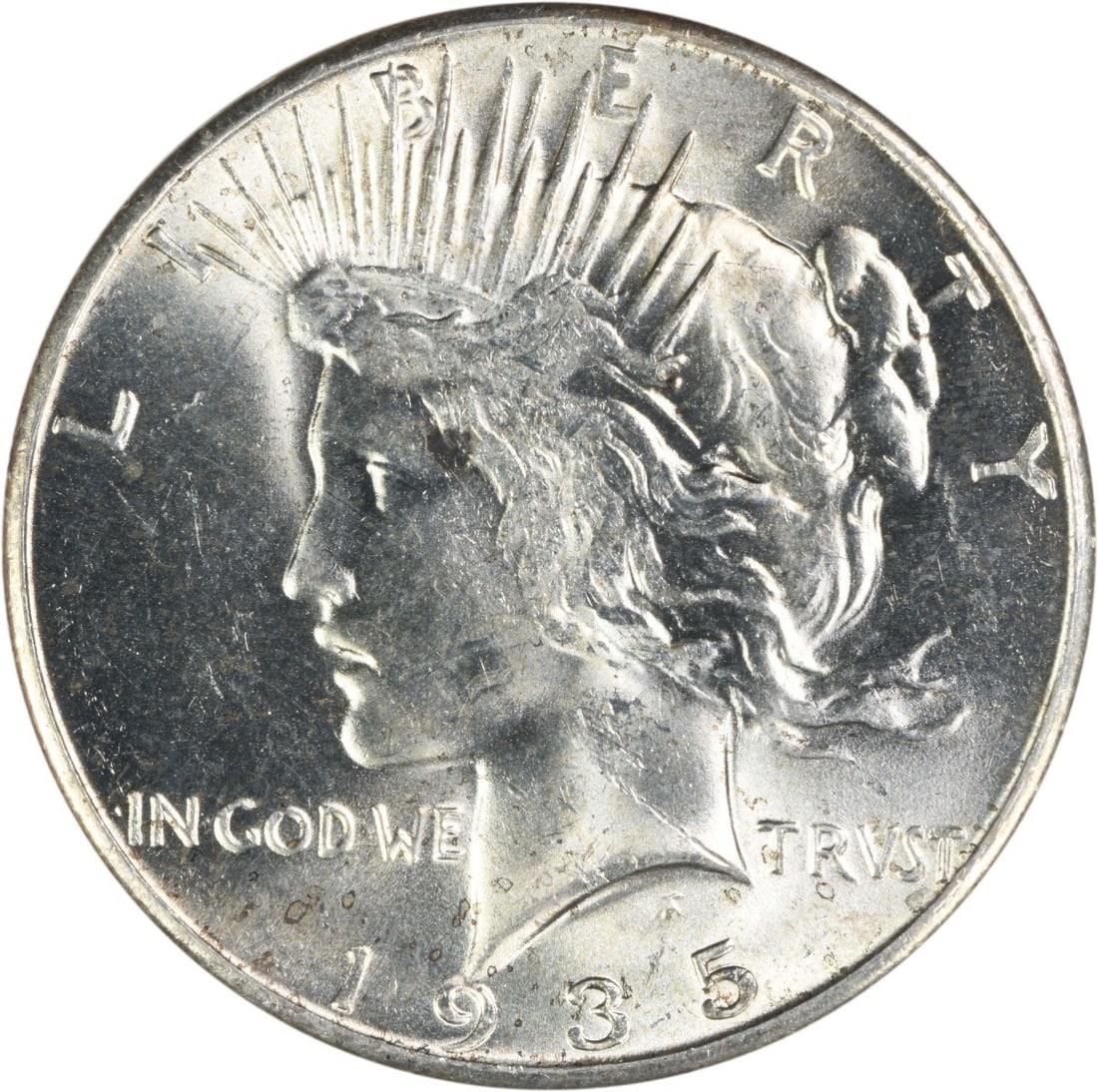 1935 United States Peace Dollar Silver $1 Uncirculated Uncertified: 1935 United States Peace Dollar Silver $1 Uncirculated Uncertified 1935 Peace Silver Dollar in uncirculated, pre-owned condition. This uncertified $1 coin is identified as Choice BU and struck in silv
