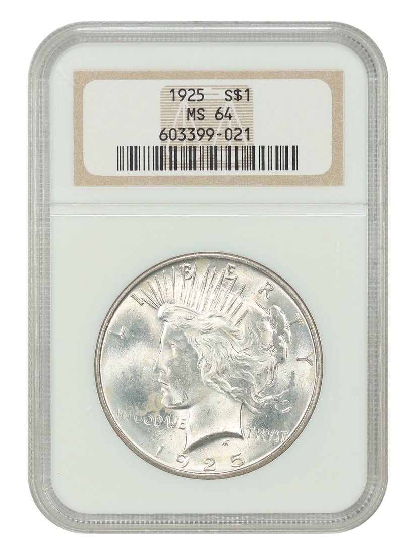 NGC MS64 1925 Peace Dollar $1 Uncirculated Philadelphia: NGC MS64 1925 Peace Dollar $1 Uncirculated Philadelphia 1925 $1 Peace Dollar certified by NGC and graded MS64. This Philadelphia-minted coin is uncirculated and pre-owned, with certification number 60