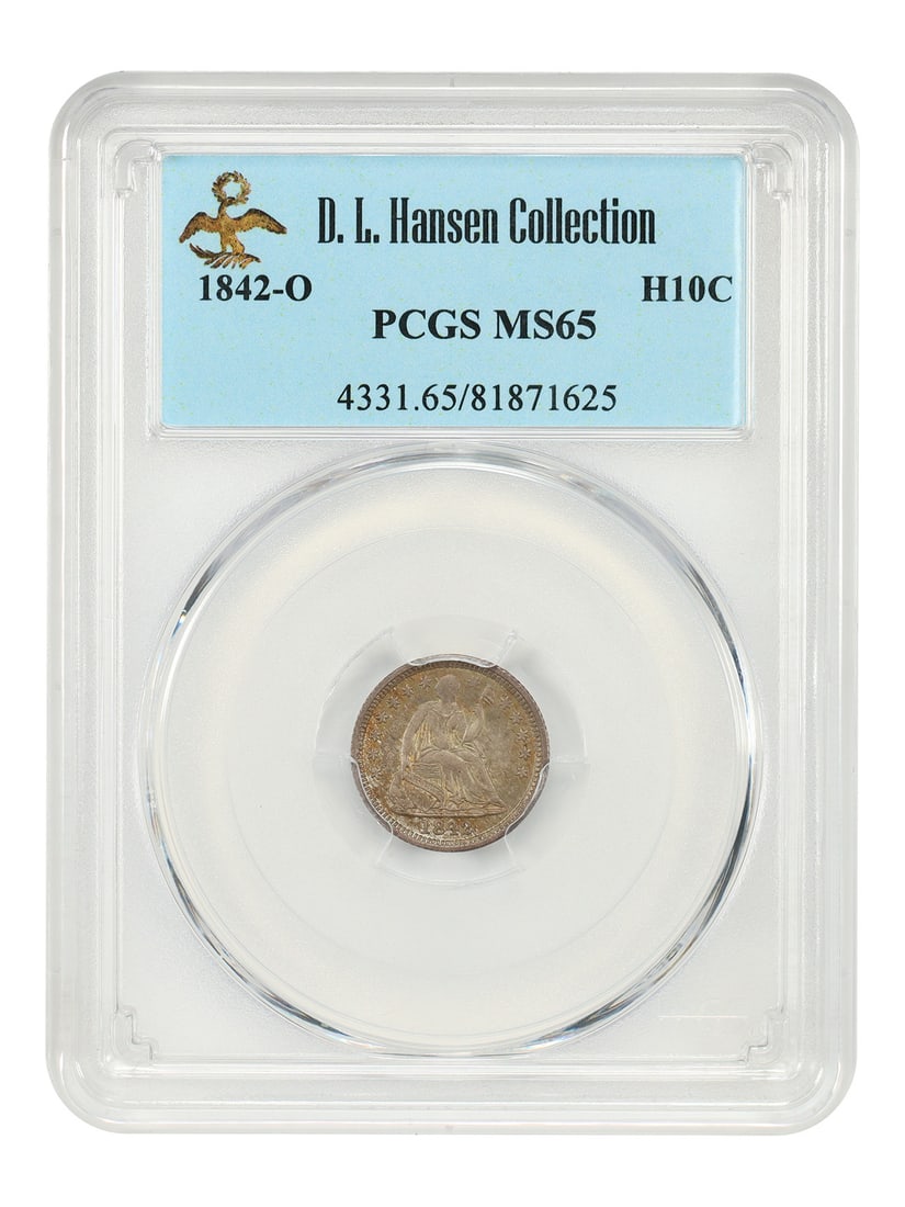 Liberty Seated Half Dime 1842-O PCGS MS65 ex D.L. Hansen: Liberty Seated Half Dime 1842-O PCGS MS65 ex D.L. Hansen 1842-O Liberty Seated Half Dime certified by PCGS as MS65. This uncirculated example is from the New Orleans Mint and is noted as conditionally