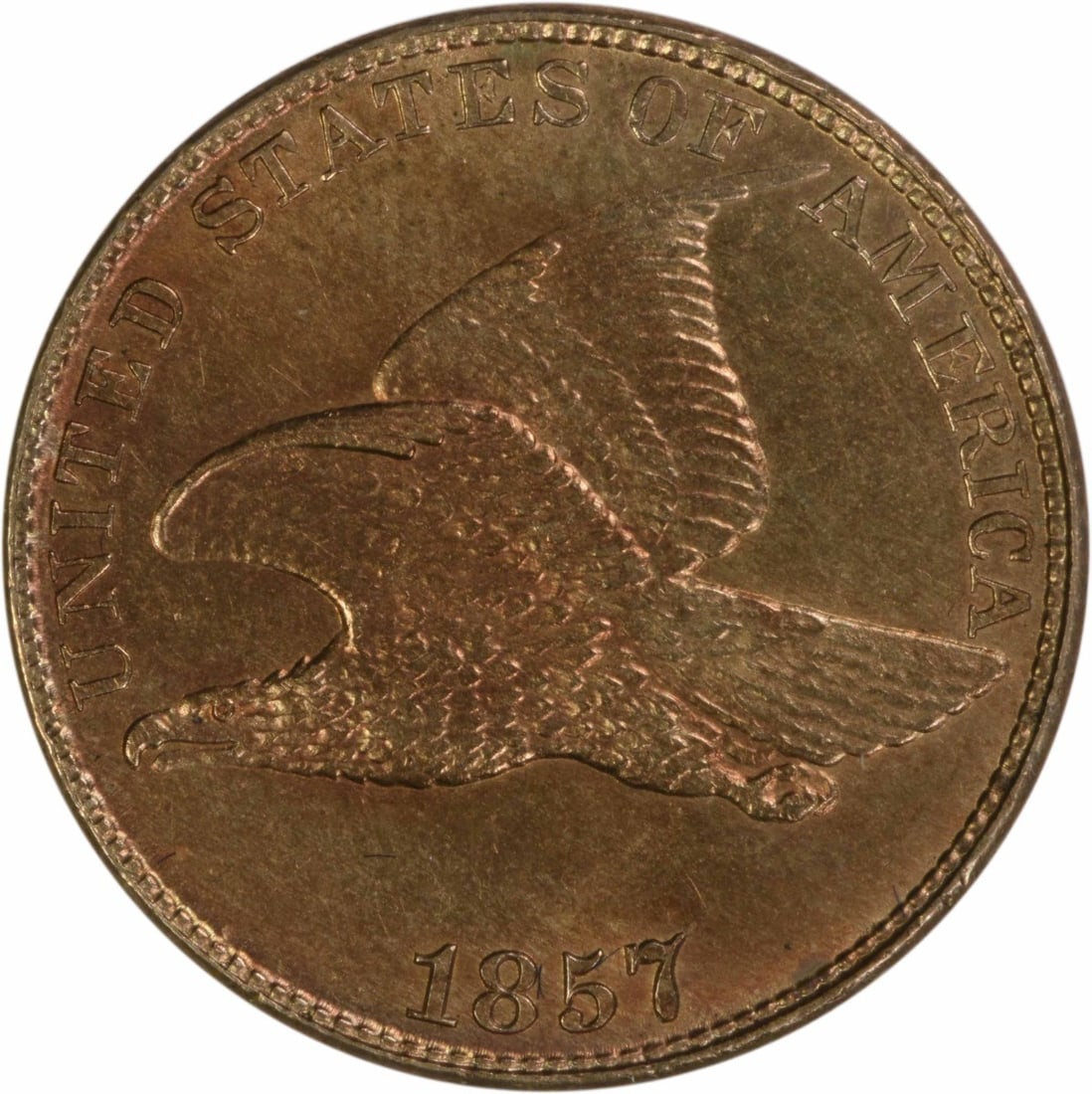 1857 US Small Cent Flying Eagle Copper MS63 Uncertified: 1857 US Small Cent Flying Eagle Copper MS63 Uncertified 1857 Flying Eagle small cent offered in uncirculated, pre-owned condition. This uncertified coin is identified as a Choice BU example, with the 