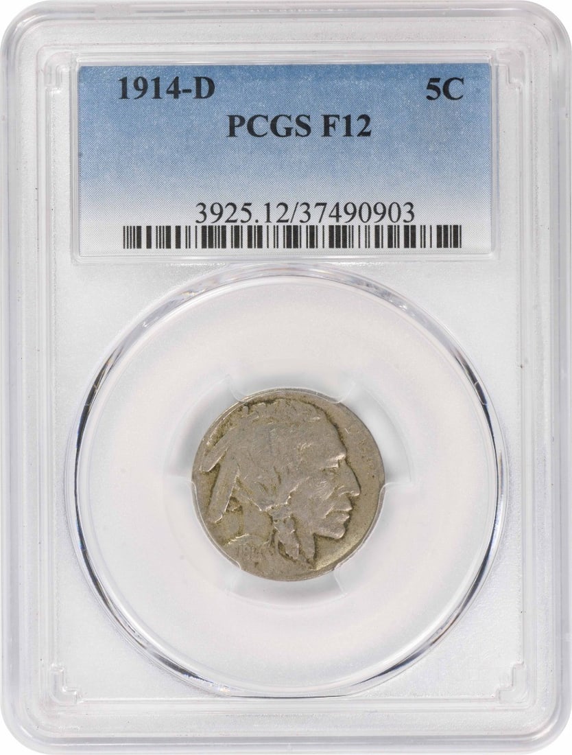 PCGS F12 1914 D Buffalo 5C Nickel: PCGS F12 1914 D Buffalo 5C Nickel 1914-D Buffalo nickel certified by PCGS and graded F12. This circulated 5-cent coin was struck at the Denver Mint and features the Buffalo design by James Earle Frase