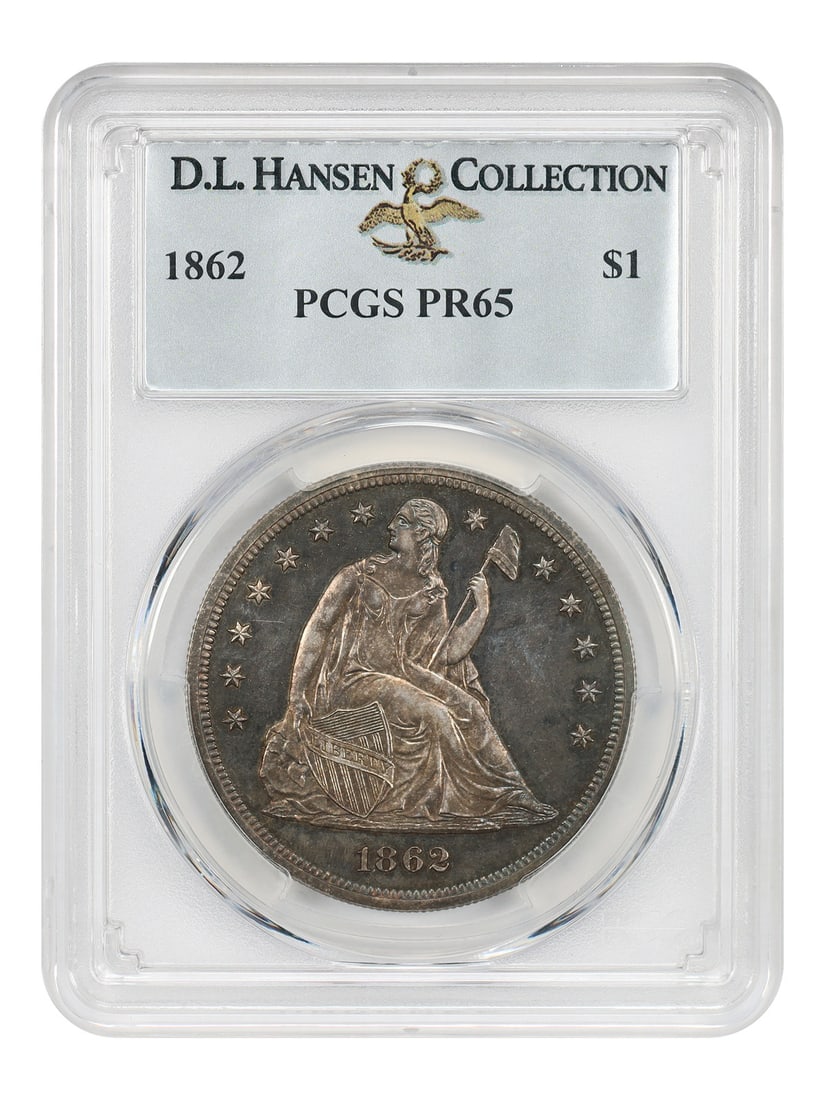 1862 Liberty Seated Dollar PCGS PR65 ex D.L. Hansen: 1862 Liberty Seated Dollar PCGS PR65 ex D.L. Hansen 1862 Liberty Seated Dollar certified by PCGS as PR65 and noted ex: D.L. Hansen. This uncirculated Civil War-era proof coin is described as having an