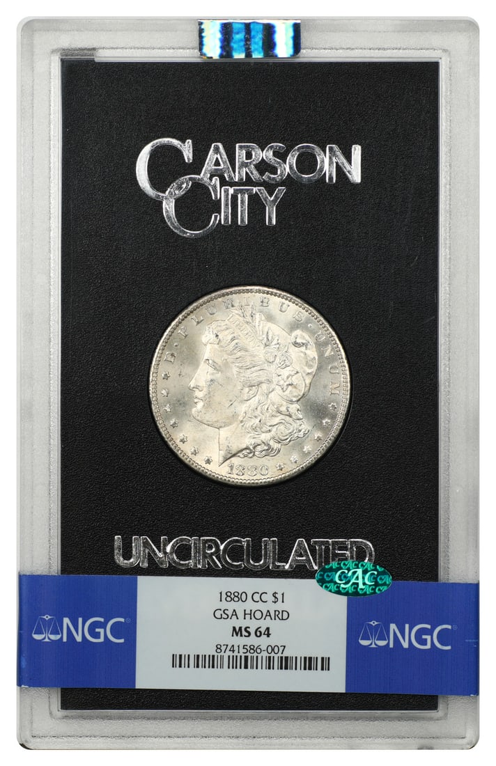 1880-CC Morgan Dollar $1 NGC MS64 GSA Carson City: 1880-CC Morgan Dollar $1 NGC MS64 GSA Carson City An 1880 Carson City Morgan Dollar, GSA issue, graded NGC MS64 with CAC approval and housed in the original hard case. This uncirculated original examp