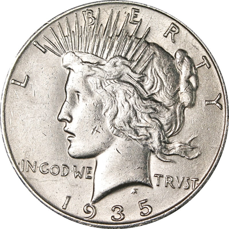 1935 S United States Silver Peace Dollar: 1935 S United States Silver Peace Dollar This 1935-S Peace Dollar is a circulated silver coin from the United States, minted in San Francisco. Composed of 0.9 fineness silver, it is a pre-owned collec