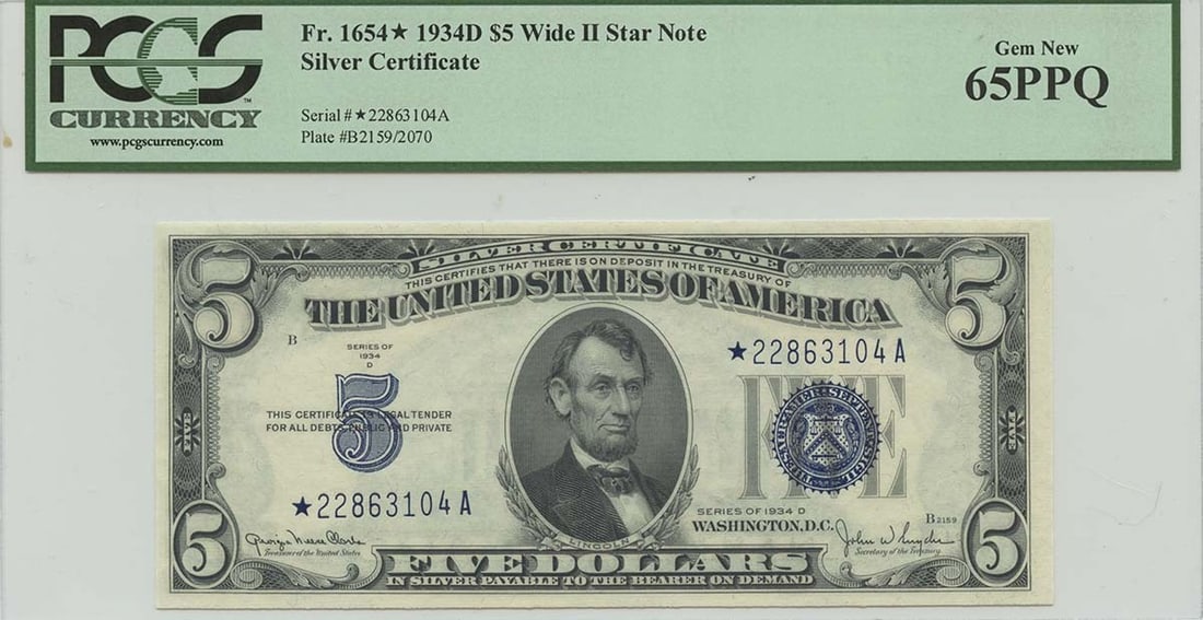 1934D $5 Silver Certificate FR#1654* PCGS 65 PPQ Gem Star Note: 1934D $5 Silver Certificate FR#1654* PCGS 65 PPQ Gem Star Note This 1934D $5 Silver Certificate, designated as FR#1654*, is certified by PCGS Currency with a grade of MS65. This uncirculated note show