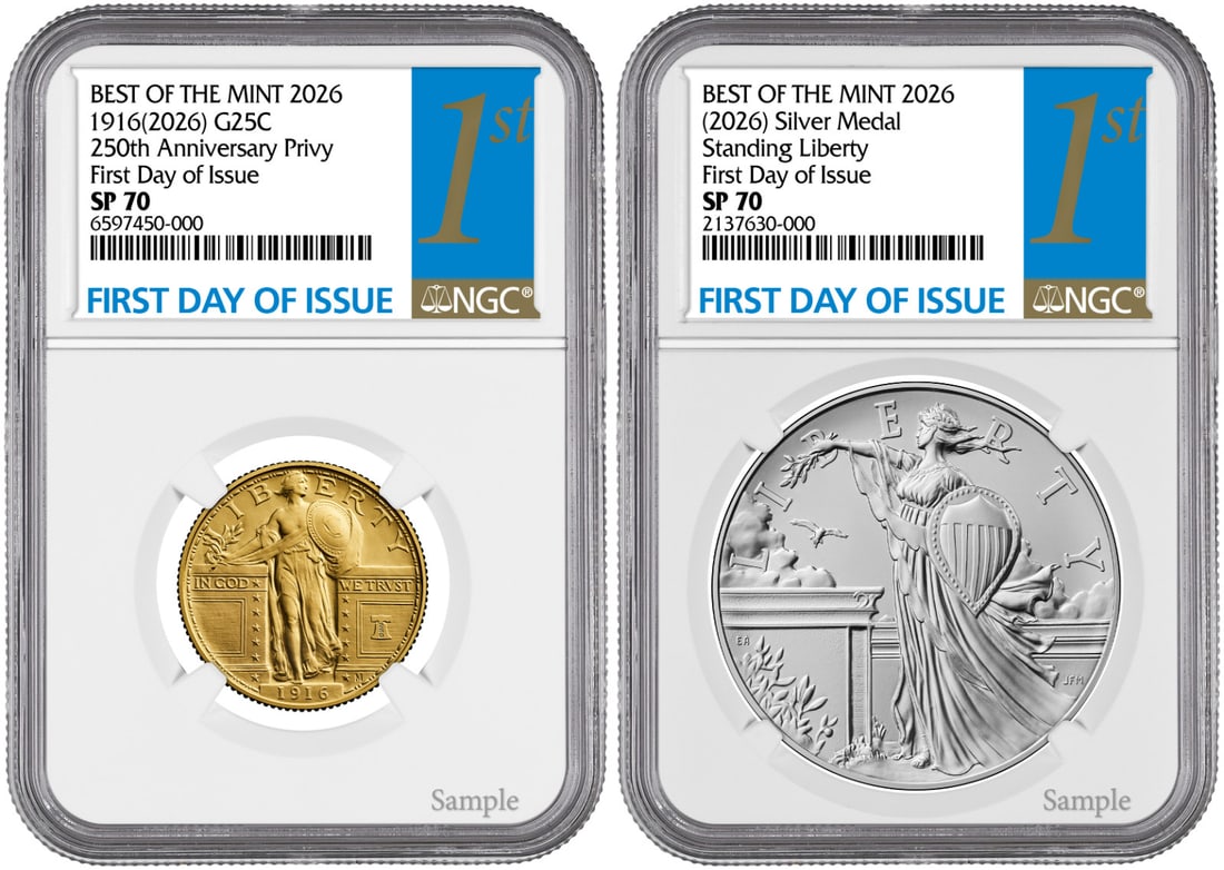 NGC FDOI 2026-W Standing Liberty Gold Quarter and Silver Medal: NGC FDOI 2026-W Standing Liberty Gold Quarter and Silver Medal This set includes a 2026-W Standing Liberty Quarter Gold Coin and Silver Medal. The coin is composed of gold with a fineness of 0.9167 an