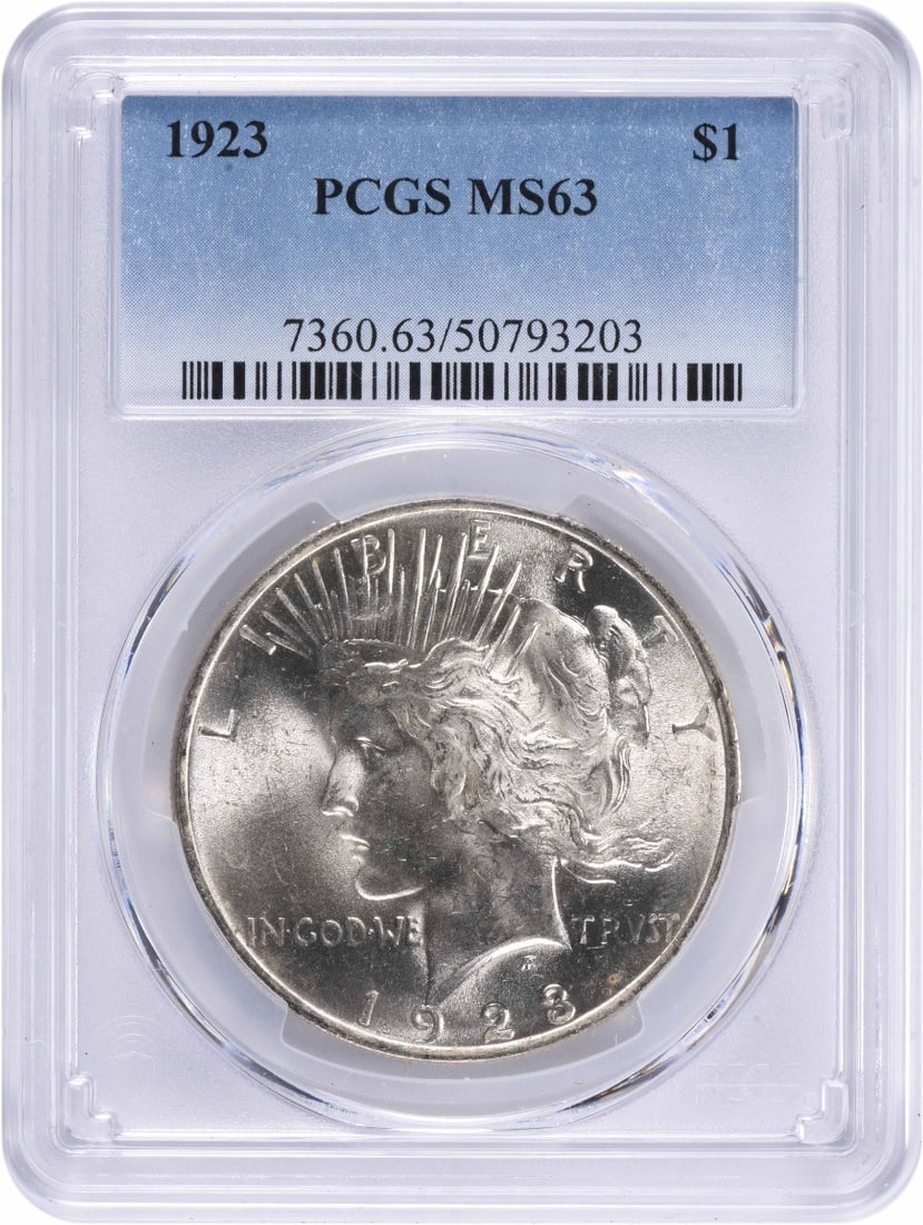 1923 Peace Silver Dollar MS63 PCGS Uncirculated Coin: 1923 Peace Silver Dollar MS63 PCGS Uncirculated Coin This 1923 Peace Silver Dollar is a remarkable collectible coin, graded MS63 by PCGS. It features a stunning design by Anthony de Francisci and was 