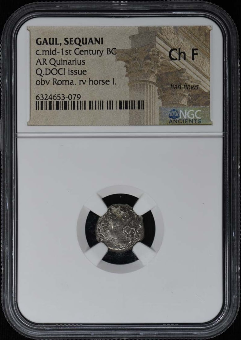 Sequani Gaul Silver Quinarius Coin NGC Certified Mid 1st Century BC: Sequani Gaul Silver Quinarius Coin NGC Certified Mid 1st Century BC This AR Quinarius coin was issued by the Sequani tribe of Gaul during the mid-1st century BC. It has been certified by NGC with a gr