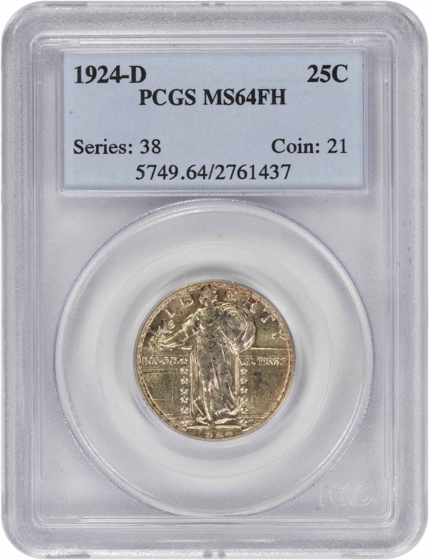 PCGS MS64FH 1924-D Standing Liberty 25C Silver Quarter: PCGS MS64FH 1924-D Standing Liberty 25C Silver Quarter 1924-D Standing Liberty silver quarter graded MS64 by PCGS. This uncirculated United States 25C coin is a pre-owned example of the Standing Liber