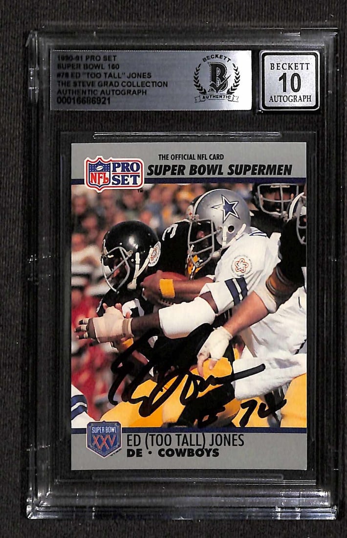 Ed Too Tall Jones Signed 1990-91 Pro Set Super Bowl Card Beckett Auto Grade 10: Ed Too Tall Jones Signed 1990-91 Pro Set Super Bowl Card Beckett Auto Grade 10 This is an original 1990-91 Pro Set Super Bowl 160 #78 sports trading card, autographed by Dallas Cowboys and Pro Footbal