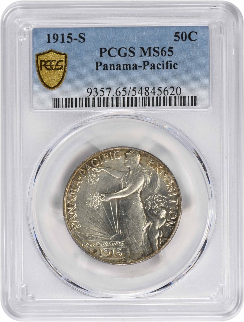 1915-S Panama-Pacific Commemorative Half Dollar MS65 PCGS 90% Silver: 1915-S Panama-Pacific Commemorative Half Dollar MS65 PCGS 90% Silver This 1915-S Panama-Pacific Commemorative Half Dollar is a striking piece, graded MS65 by PCGS, ensuring its uncirculated condition.