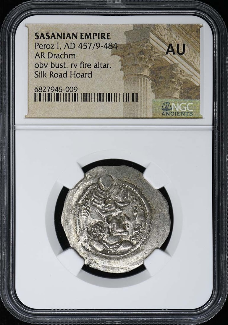 NGC AU Sasanian Empire Peroz I Silver Drachm Coin AD 457 to 484: NGC AU Sasanian Empire Peroz I Silver Drachm Coin AD 457 to 484 This is a silver drachm from the Sasanian Empire, issued during the reign of Peroz I between AD 457/9 and 484. The coin has been certifi